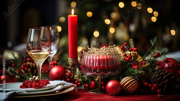 Fototapeta Christmas celebration table with candlelight and red festive decorations