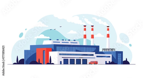 Fototapeta A modern industrial factory complex with blue, white, and red architectural elements, featuring three tall smokestacks emitting white steam.