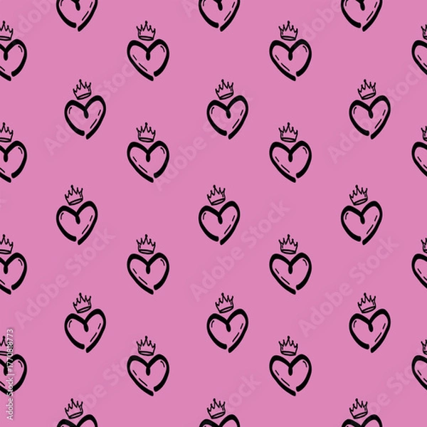 Fototapeta Seamless Hand-Drawn Heart with Crown Pattern