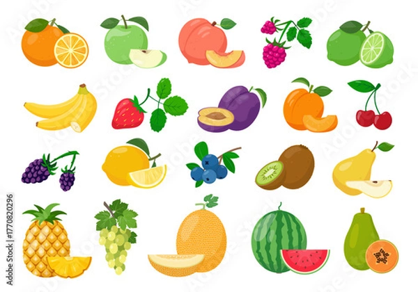 Obraz Big set of fresh fruit and berry icons. Organic fruits with pieces and berries for juice, smoothie or vitamin healthy food. Vector illustration isolated on white background.