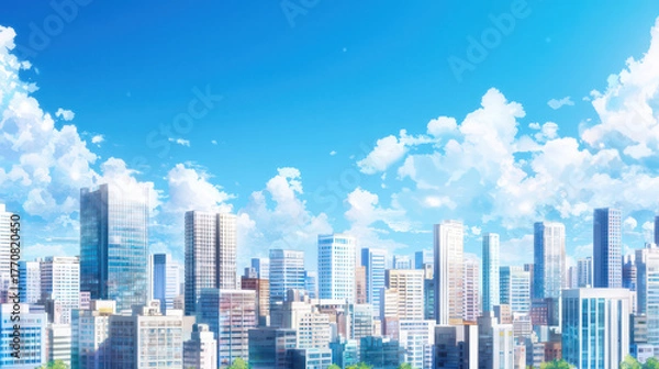Fototapeta Vibrant city skyline with modern skyscrapers under bright blue sky filled with fluffy clouds creates lively atmosphere