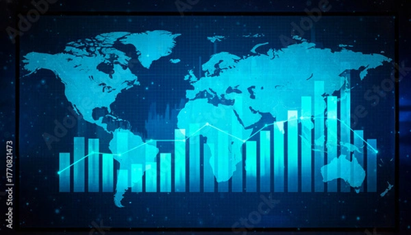 Fototapeta World map on dynamic trend chart in digital style, blue tones, representing global data and technology