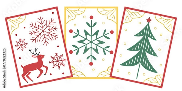 Fototapeta Adobe IlluSet of Christmas Cards with Festive Elements – Holiday Greeting Card Collection Featuring Snowflakes, Ornaments, Trees, and Winter Decorations for Seasonal Design and Celebratstrator Artwork