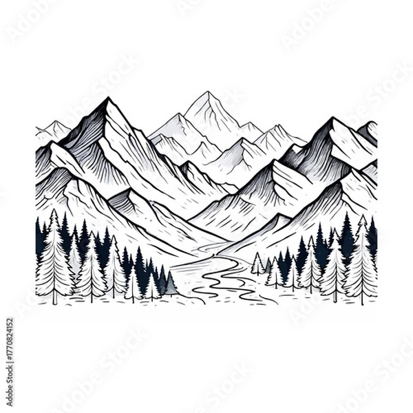 Fototapeta Majestic mountain range with pine trees and winding river, serene landscape illustration