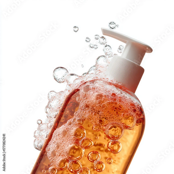 Fototapeta Liquid soap bottle with bubbles A vibrant and clean image of an orange-tinted liquid soap bottle submerged in water with bubbles. The product appears fresh, hygienic, and ready for skincare or handwas