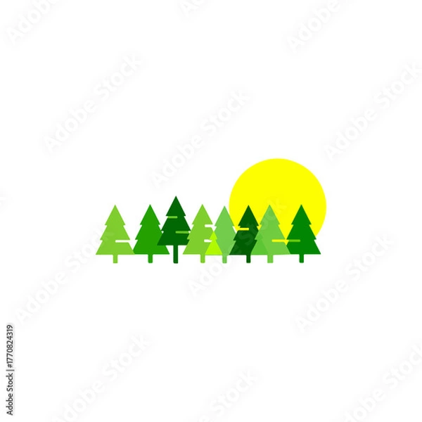 Fototapeta Stylized minimalist forest scene with green trees and a radiant yellow sun, representing nature's tranquil beauty and growth