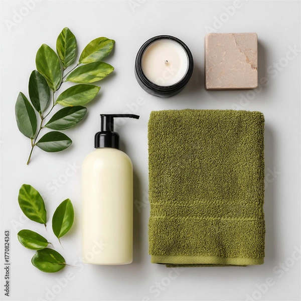 Fototapeta Spa flat lay with green towel and soap A modern wellness setup featuring a green towel, pump bottle, candle, soap, and fresh leaves, arranged neatly for a clean, organized visual.