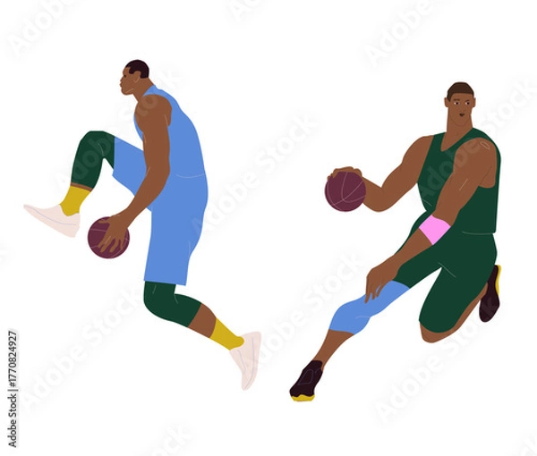 Obraz Athletes play basketball. Flat graphic vector illustration isolated on white background.
