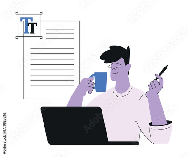 Fototapeta Man Work with Text Editing and Writing Article on Laptop Vector Illustration