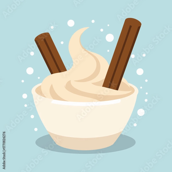 Fototapeta Creamy dessert in bowl with cinnamon sticks on pastel background  