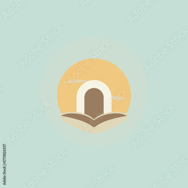 Fototapeta Abstract illustration of an open book with an arch doorway at sunset  