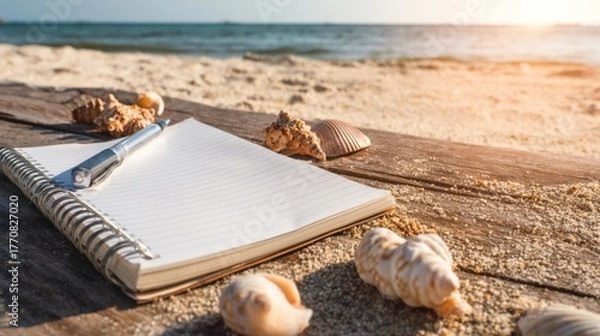 Fototapeta Notebook and seashells on the sandy beach at sunset, perfect for inspiration and reflection