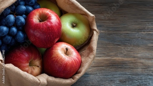 Obraz Fresh apples and grapes in a woven basket on a wooden surface ready for snacking or cooking