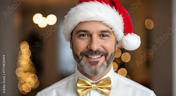 Obraz A smiling man wearing a Santa hat and a golden bowtie, with festive bokeh lights in the background.