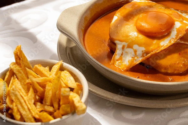Fototapeta The “Francesinha Especial" traditional from northern Portugal, consists of layers of bread, assorted meats, and melted cheese, served with a hot and slightly spicy sauce.