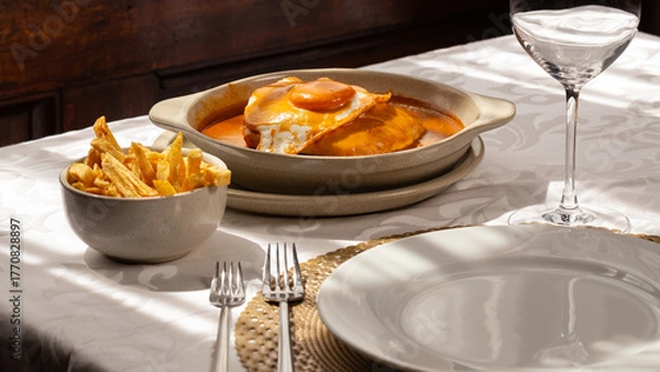 Fototapeta The “Francesinha Especial" traditional from northern Portugal, consists of layers of bread, assorted meats, and melted cheese, served with a hot and slightly spicy sauce.