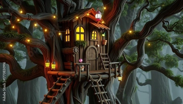 Fototapeta Vintage painting of a Christmas tree in the city at night, an old drawing illustrating an urban cityscape with ancient architecture