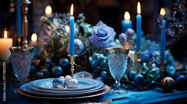 Fototapeta Elegant winter dinner table with blue candles, crystal glass, and floral decorations in soft candlelight