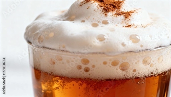 Obraz A close-up of a glass of beer with a thick, frothy head and a sprinkle of cinnamon on top. The beer has a golden amber color and bubbles rising.
