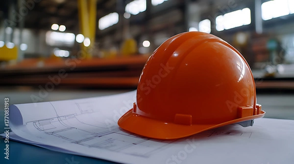 Fototapeta On a table in a factory, an orange safety helmet is placed on top of an open blueprint drawing, highlighting the need for safety and planning in industrial environments. Focus on protection 