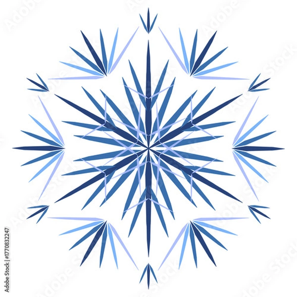 Obraz Blue ornate polygonal snowflake vector illustration. Geometrical mandala on white background. Star with six rays. Isolated winter holidays decorative design element