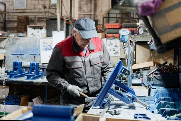 Obraz Professional man performing metal assembly task with accuracy and patience