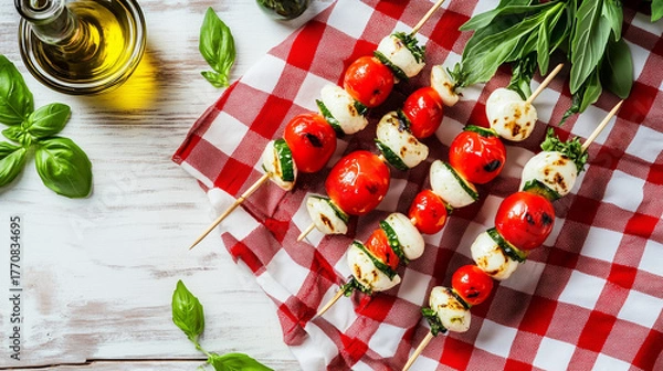 Fototapeta Delicious tomato and mozzarella skewers on a picnic table with fresh basil
