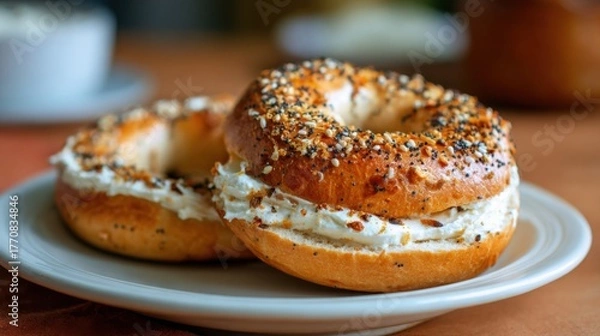 Obraz Fresh bagels with cream cheese served on a neutral plate in a cozy setting