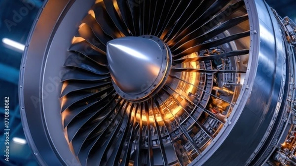 Obraz Close view of a jet engine showcasing turbine blades in an aviation workshop during daylight hours