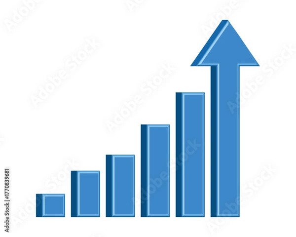 Fototapeta Upward stepping blue 3D arrow. Growth bar with blue stairs symbolizing progress and success. 3D bar graph illustration on white background. Concept of progress and achievement. EPS 10.