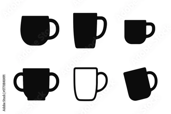 Fototapeta Simple black silhouette coffee mug collection in various shapes