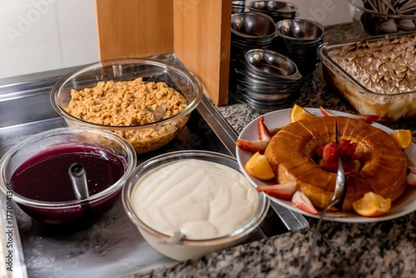 Obraz Dessert table with tapioca pudding, cream, and pudding