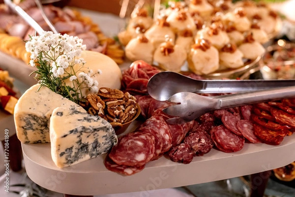 Obraz Cold snack platter with cheese, salami and nuts