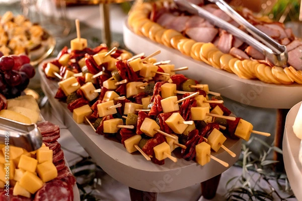 Obraz Cold snack table with cheese, salami and cucumber