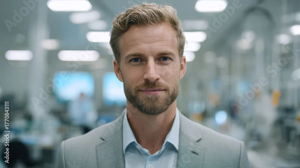 Fototapeta Portrait of a blonde man in his early-30s wearing a light-gray suit, standing in a high-tech lab with subtle clinical trial imagery in the background