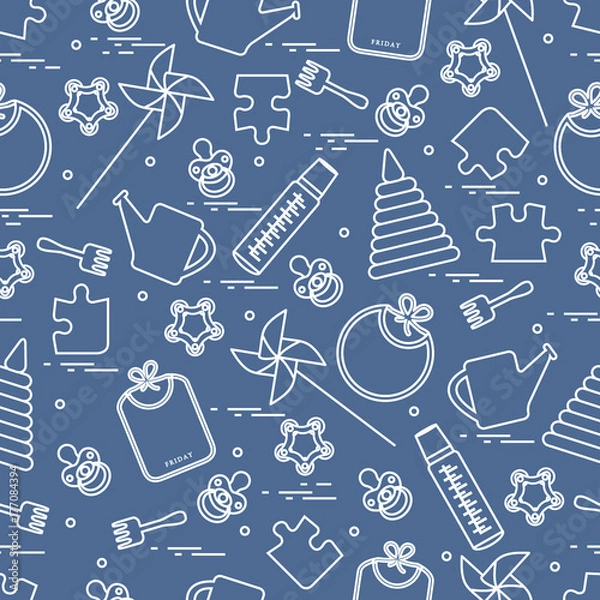 Fototapeta Cute seamless pattern with variety children's goods and toys: bibs, pinwheel, baby bottles, dummy, pyramid and other.