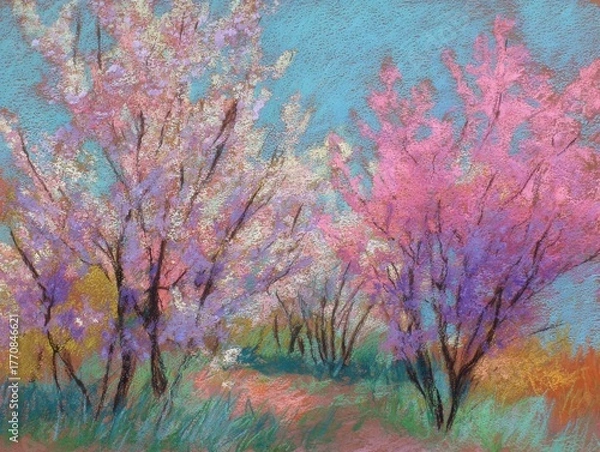 Fototapeta Branches of blossoming cherry macro with soft focus on gentle light blue sky background in sunlight with copy space. Beautiful floral image of spring nature.