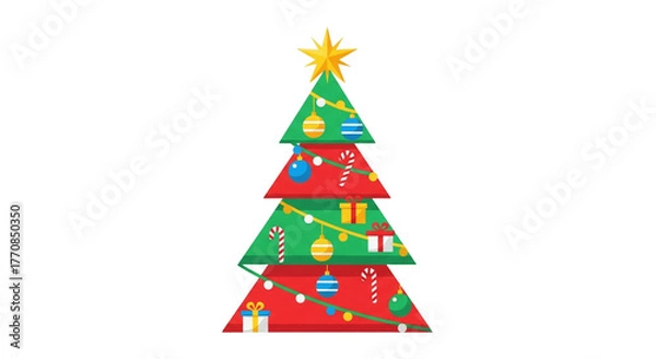 Fototapeta Flat Vector Christmas Tree with Colorful Ornaments on Transparent Background