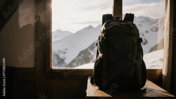 Fototapeta Mountain backpack resting by a window with stunning views