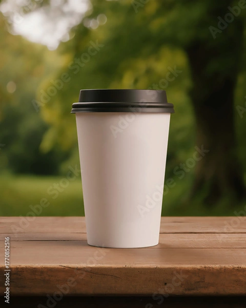 Fototapeta Hot beverage cup on wooden table in a green park setting
