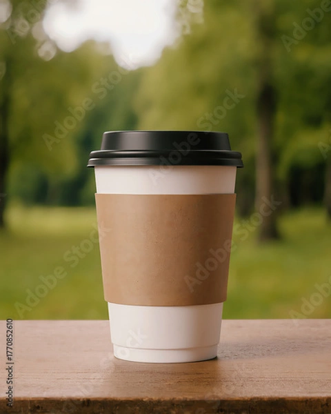 Fototapeta Coffee cup resting on a wooden table in a green park