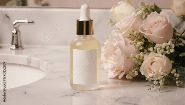 Fototapeta Serene skincare setup with flowers on a marble countertop