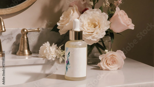Fototapeta Skincare dropper bottle next to elegant flowers on a counter