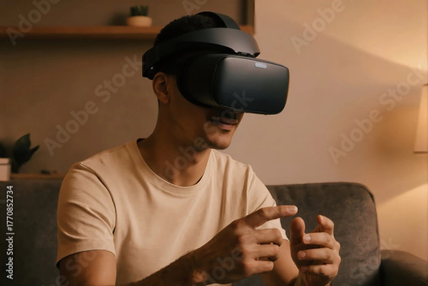Fototapeta Man enjoying virtual reality experience in cozy living room