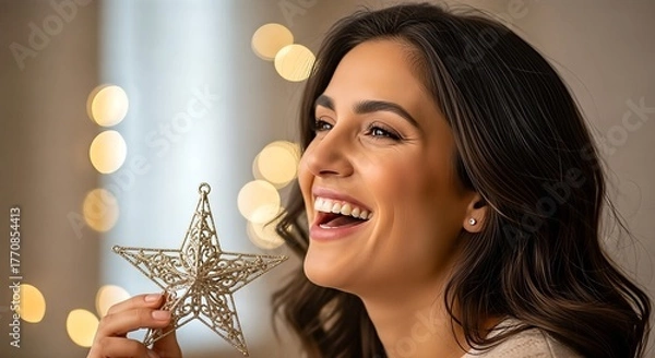 Obraz A smiling woman holds a star ornament with bokeh lights in the background.