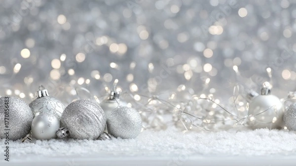 Fototapeta Silver Christmas ornaments and sparkling lights on a snowy surface create a festive atmosphere. The scene is bright and cheerful, perfect for holiday celebrations.