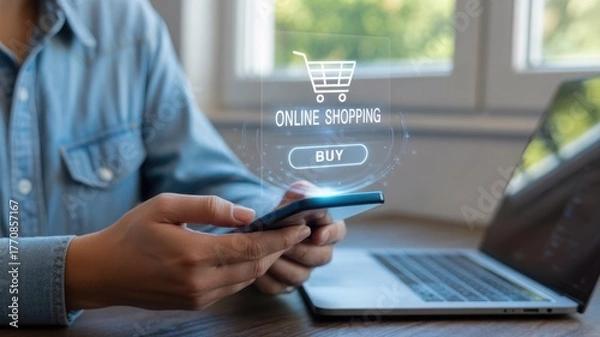 Obraz Online shopping on a smartphone, connecting through technology 
