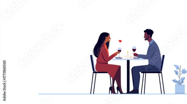 Fototapeta Romantic dinner scene featuring couple enjoying wine at table, surrounded by soft lighting and heart symbol, evokes love and connection