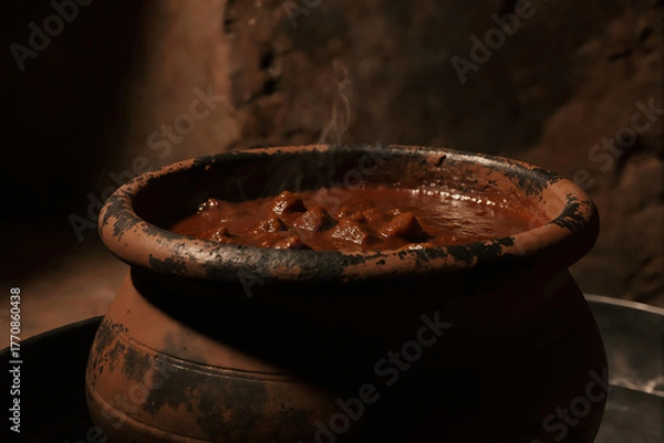 Fototapeta Steaming pot of traditional stew in an earthenware vessel