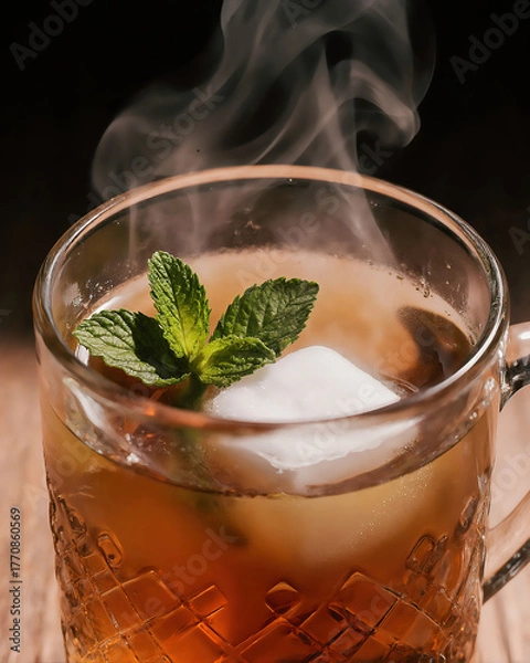 Fototapeta Refreshing mint tea with steam and ice on a wooden table